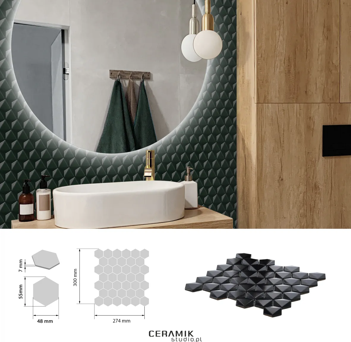 Ceramik Studio Mozaika 3D Hex Black