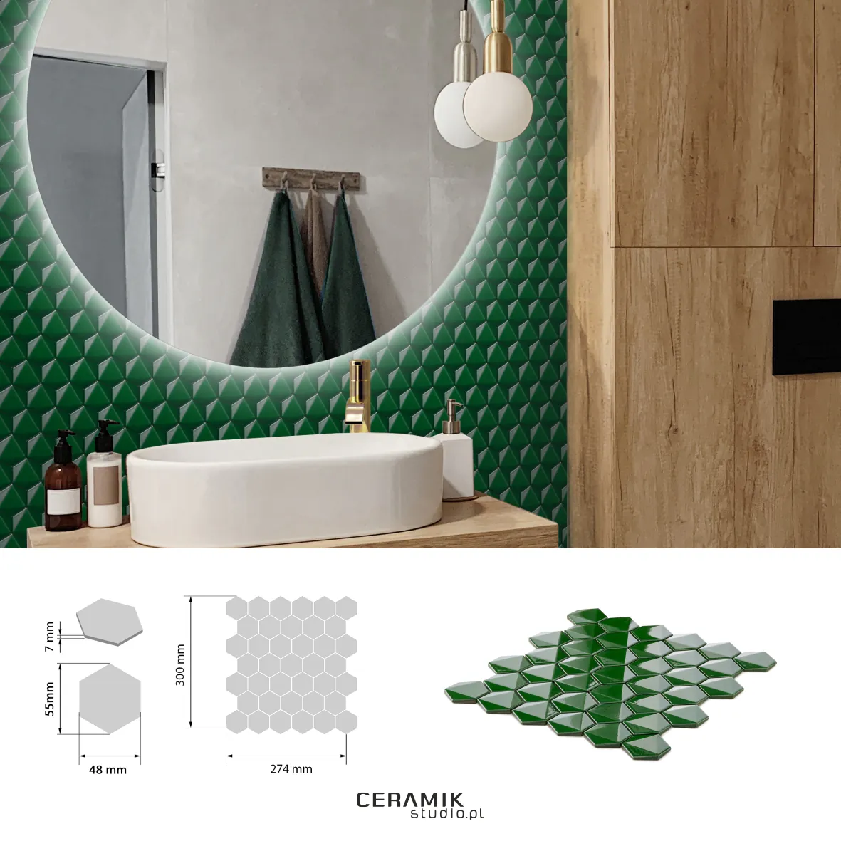 Ceramik Studio Mozaika 3D Hex Green